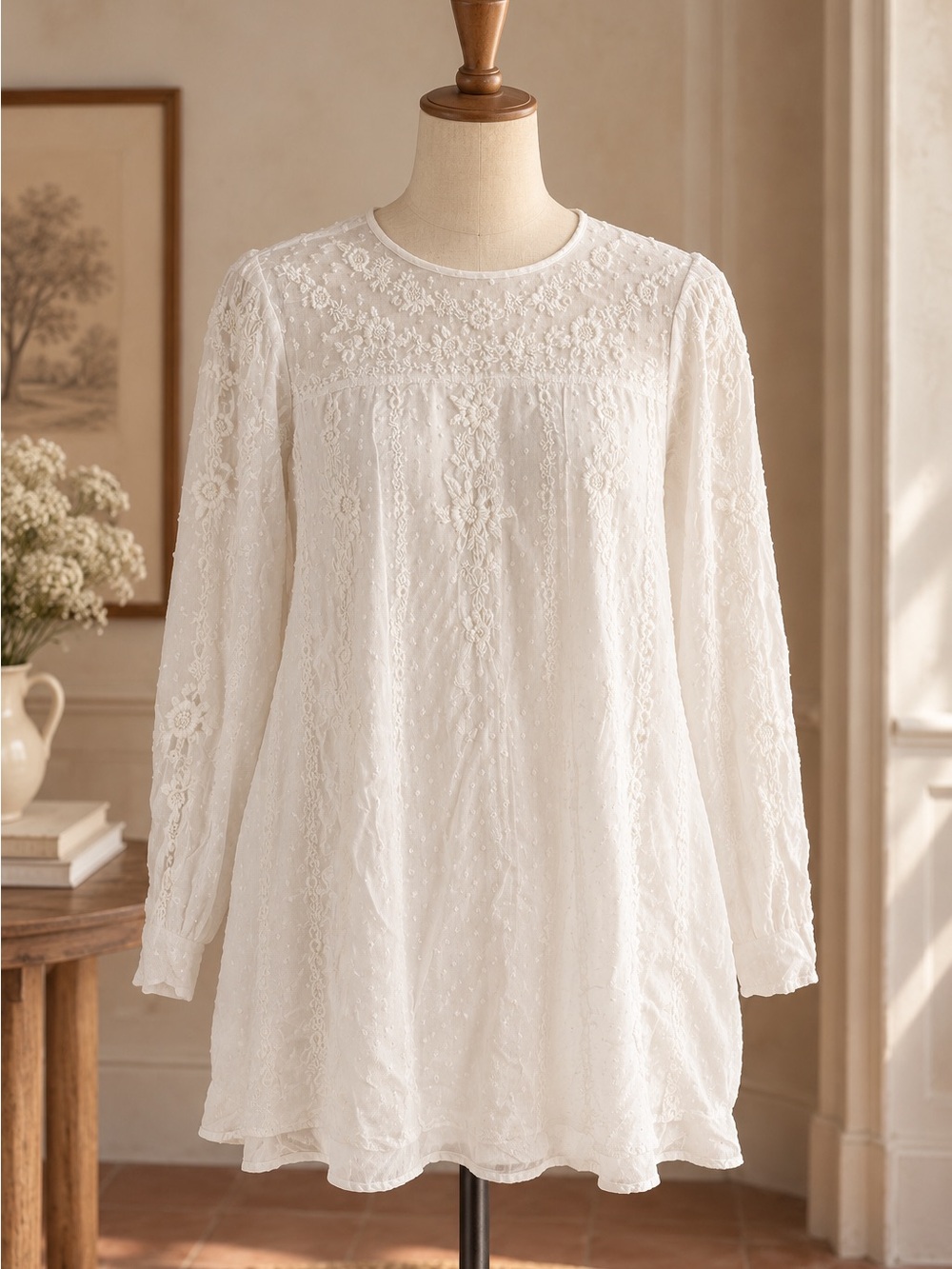 Zara White Embroidered Long Sleeve Lined Dress Size S
